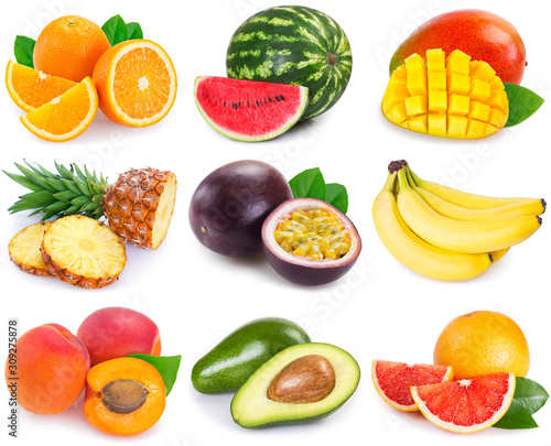 Collection of fresh fruits on white background