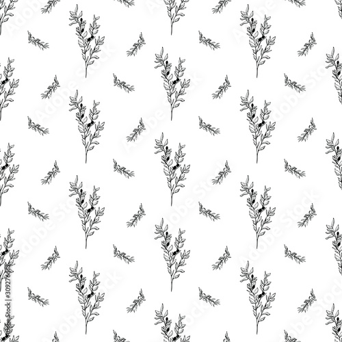 Olive branch seamless pattern. Hand drawn vector food illustration. Mediterranean style plant background. Retro botanical illustration.