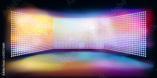 Large led projection screens. Colorful abstract background. Light show on the stage. Vector illustration.