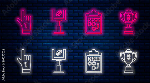 Set line American football goal post and football ball, Planning strategy concept, Number 1 one fan hand glove with finger raised and Award cup. Glowing neon icon on brick wall. Vector