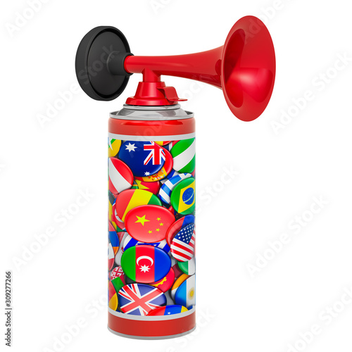Sport air horn with world flags, 3D rendering photo