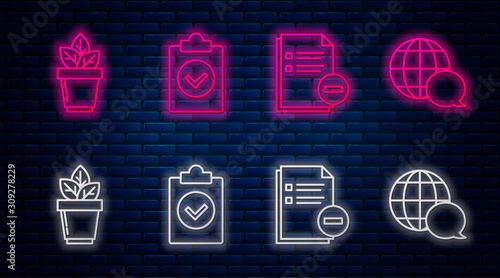 Set line Completed task, Document with minus, Flowers in pot and World map made from speech bubble. Glowing neon icon on brick wall. Vector