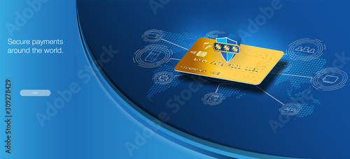 Secure payments around the world. Money cards transfers and financial transactions. Vector illustration isometric style. Online pay, electronic bill payment notification, mobile phone with credit card