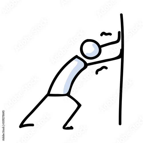 Hand Drawn Stick Figure Pushing Wall Pose. Concept of Physical Struggle Expression. Simple Icon Motif for Posture Achievement against Wall. Obstacle, Arms, Push Bujo Illustration. Vector EPS 10. 