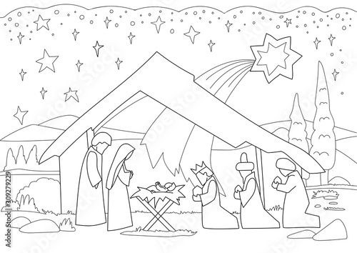 Fototapet A Christmas nativity coloring scene cartoon, with baby Jesus, Mary and Joseph in the manger and guiding star above