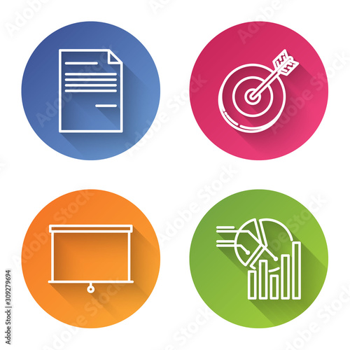 Set line Document, Target, Chalkboard and Pie chart infographic. Color circle button. Vector