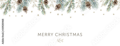 Foto Xmas nature design border, text Merry Christmas, white background