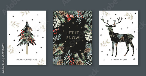 Winter holidays nature design greeting cards template, frame, forest deer silhouette, text Merry Christmas, white background. Green pine, fir twigs, cones, red berries, stars. Vector xmas illustration