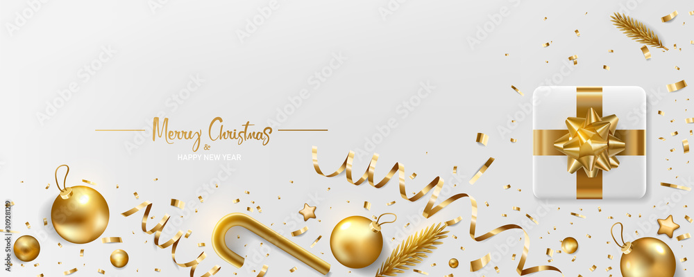 Fototapeta premium Christmas background. Merry Christmas and happy new year. White gift box with gold self adhesive bow, pine and confetti on a white background.
