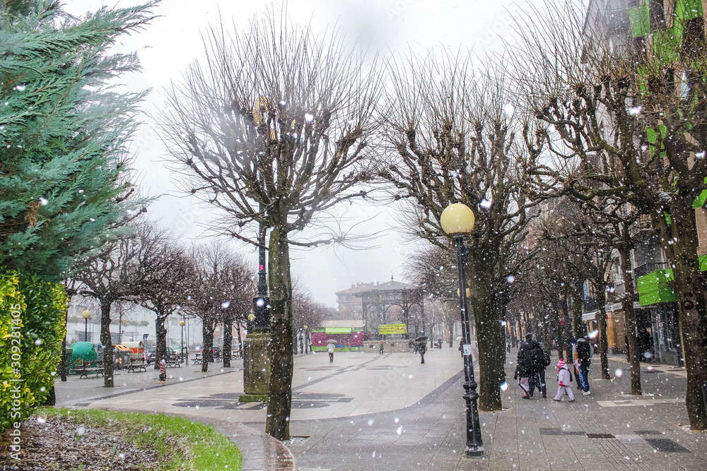 Snowing in the Alameda de Errenteria on a very cold winter morning. Basque Country