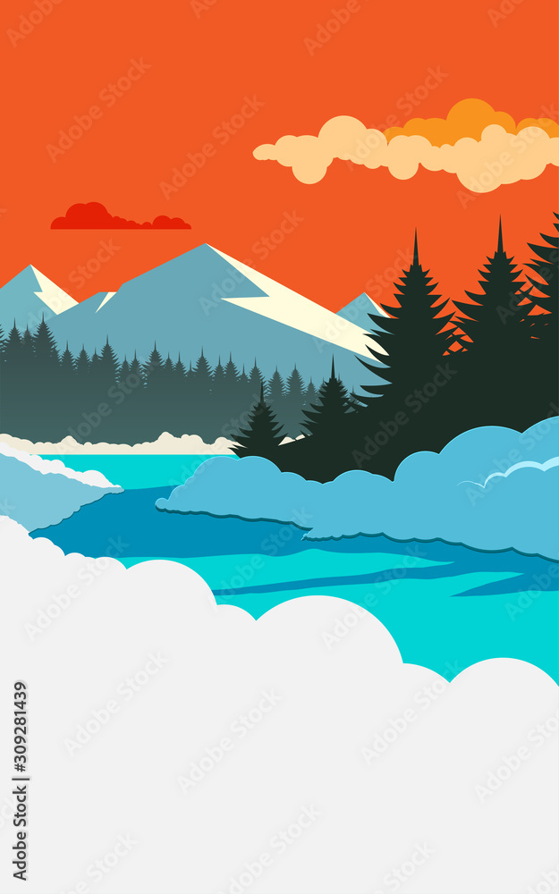 Winter mountain vector landscape art with a fiery orange sunset sky Winter mountain vector landscape art with a fiery orange sunset sky