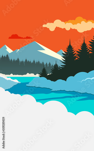 Winter mountain vector landscape art with a fiery orange sunset sky