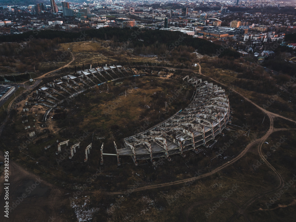 Unfinished stadium project. Vilnius. Lithuania. Drone.