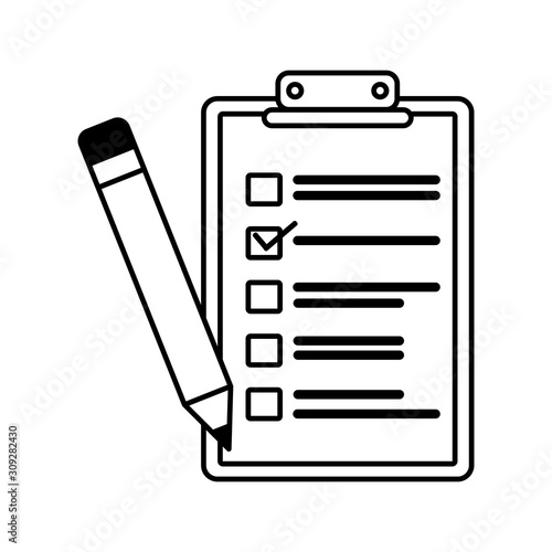 clipboard with paper sheets and pencil on white background