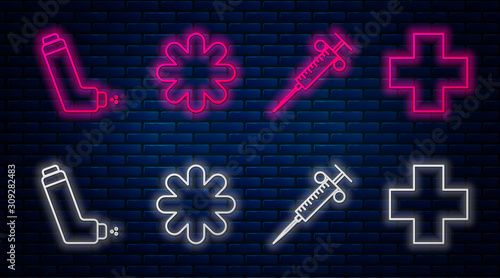Set line Cross hospital medical, Syringe, Inhaler and Cross hospital medical. Glowing neon icon on brick wall. Vector