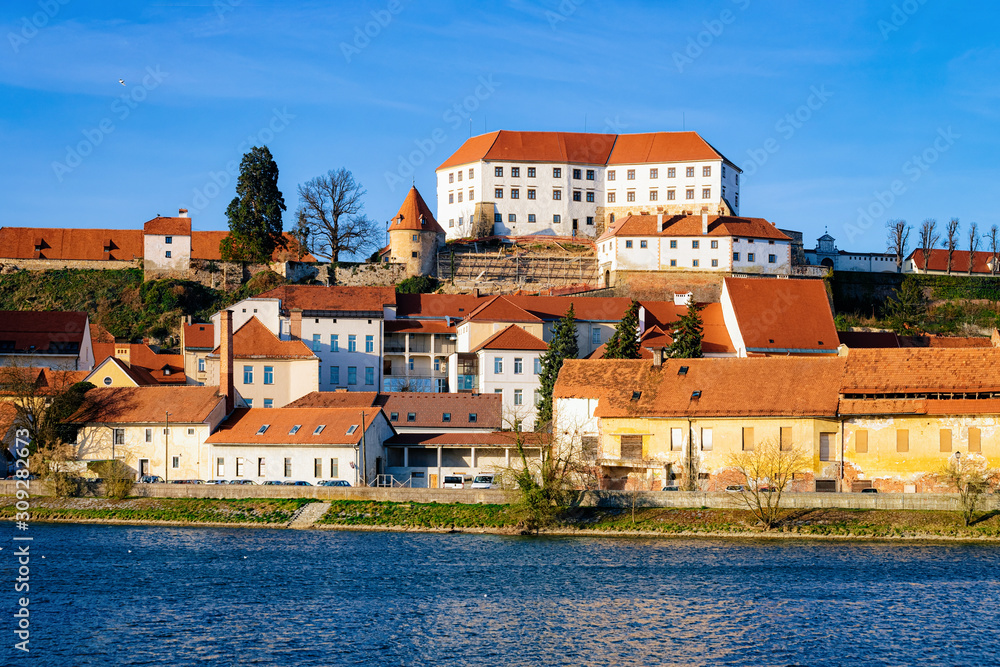 Cityscape of Ptuj Castle with old town Drava River Slovenia