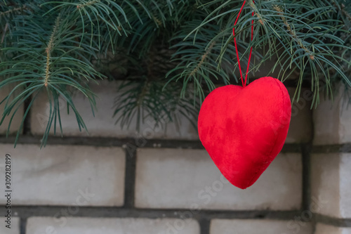 red heart hangs on a spruce tree on the street against a brick white wall. Copy space. concept of the outdoor festival.