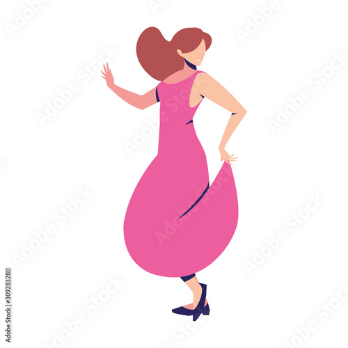 young woman in pose of dancing on white background