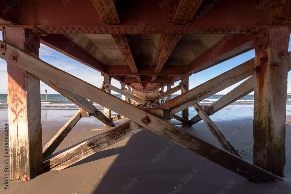 Obraz premium Scene view under Luis Piedrabuena dock against sea during low tide in Puerto Madryn, Patagonia, Argentina