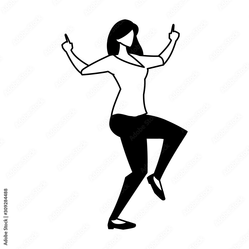 silhouette of woman in pose of dancing on white background
