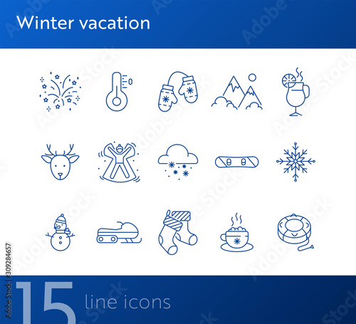 Winter vacation line icon set with firework and mittens