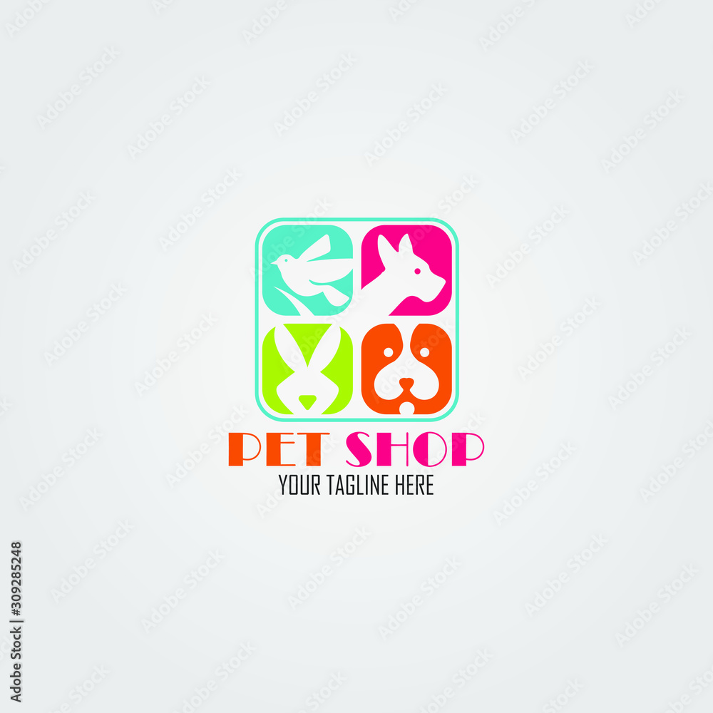 Obraz premium Vector logo design template for pet shops, veterinary clinics and homeless animals shelters - flat icons of dogs, rabbit, and bird - badges for websites and prints.
