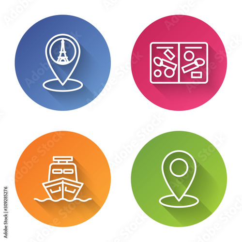 Set line Map pointer with Eiffel tower, Passport pages with visa stamps, Ship and Map pin. Color circle button. Vector
