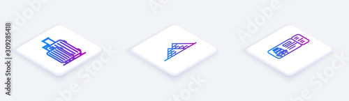 Set Isometric line Suitcase for travel, Egypt pyramids and Cruise ticket for traveling by ship. White square button. Vector