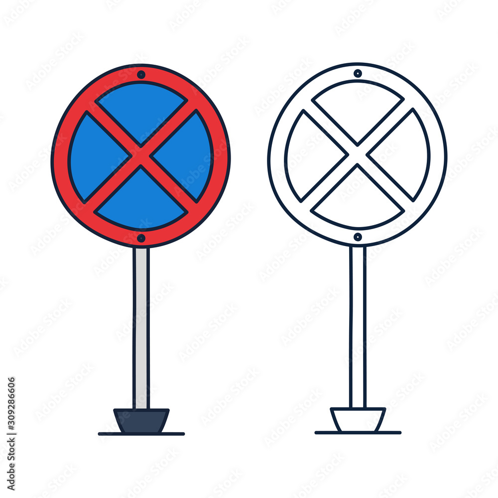 No parking circle road sign. Vector icon in doodle cartoon style with outline. No parking circle road sign. Vector icon in doodle cartoon style with outline.