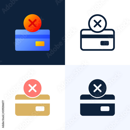 Declined payment Credit card vector stock icon set. Concept of unsuccessful bank payment transaction. The back side of the card with the cancellation mark is a cross.