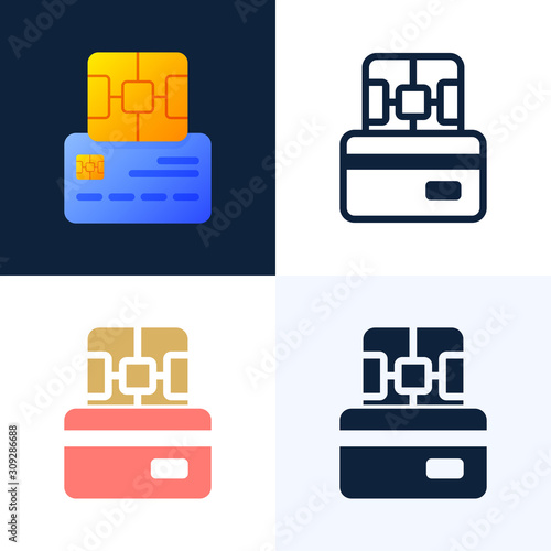 Chip and credit card vector stock icon set. The concept of digital technology in the banking sector. EMV chip bank credit card.