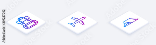Set Isometric line Hiking backpack, Plane and Tourist tent. White square button. Vector