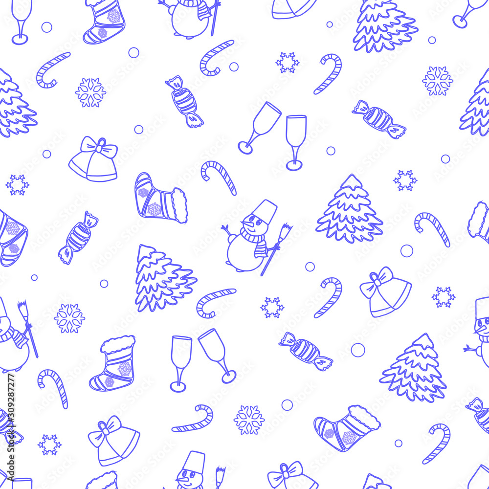 Christmas icons on white background. Snowman, gifts, symbol of the year, snowflakes. Seamless pattern.