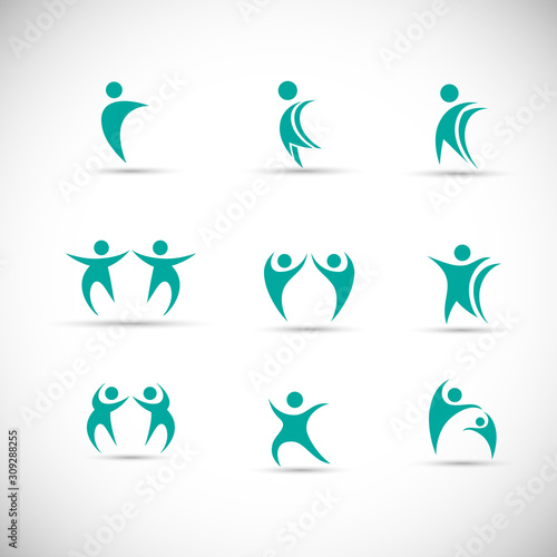 Abstract People Logo Set. Human Figure Isolated On Gray Background. Icons Collection For Human Success, Celebration Logo, Achievement Symbol And Activity. Different Happy People. Figure Logo, Vector