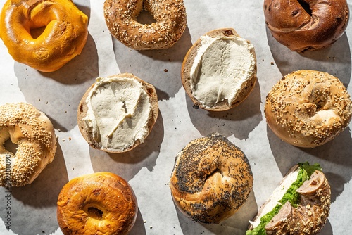 Photos High angle shot of many delicious bagels - perfect for a food blog