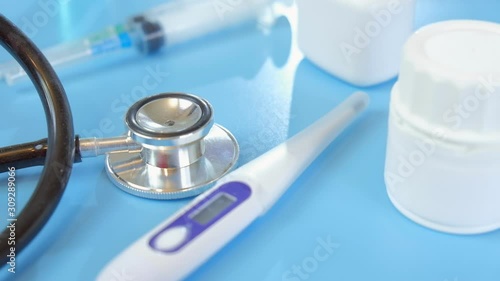 Stethoscope tablet thermometer diagnosis concept pill health, medication.