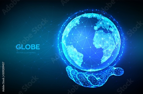 Earth globe illustration. Abstract polygonal planet in hand. Low poly design. Global network connection. Blue futuristic background with planet Earth. Internet and technology. Vector illustration.