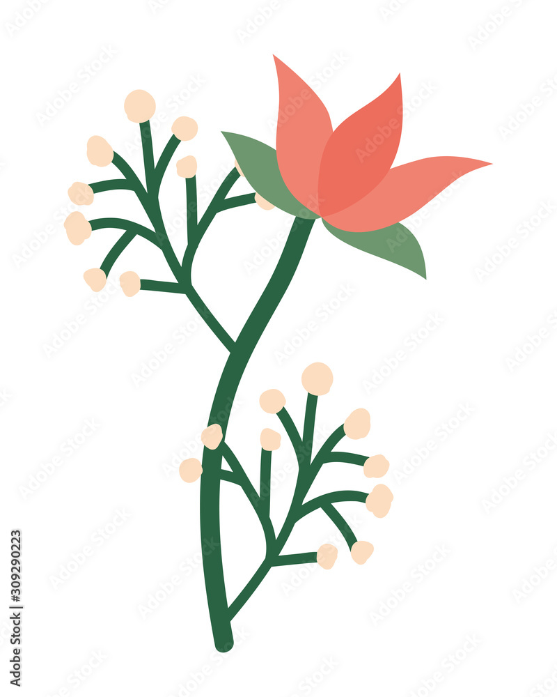 Isolated red flower ornament with leaves vector design