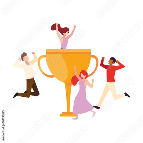 group of people with trophy gold in white background