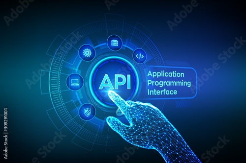 API. Application Programming Interface, software development tool, information technology and business concept on virtual screen. Robotic hand touching digital interface. AI. Vector illustration.