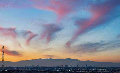 Photography Sunset aerial view of the strip with mountain behind