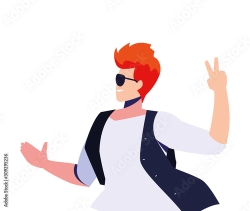 man in pose of dancing, party, on white background