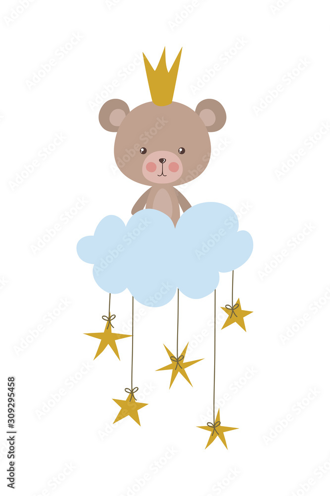 Fototapeta premium Cute bear with crown cloud and stars vector design