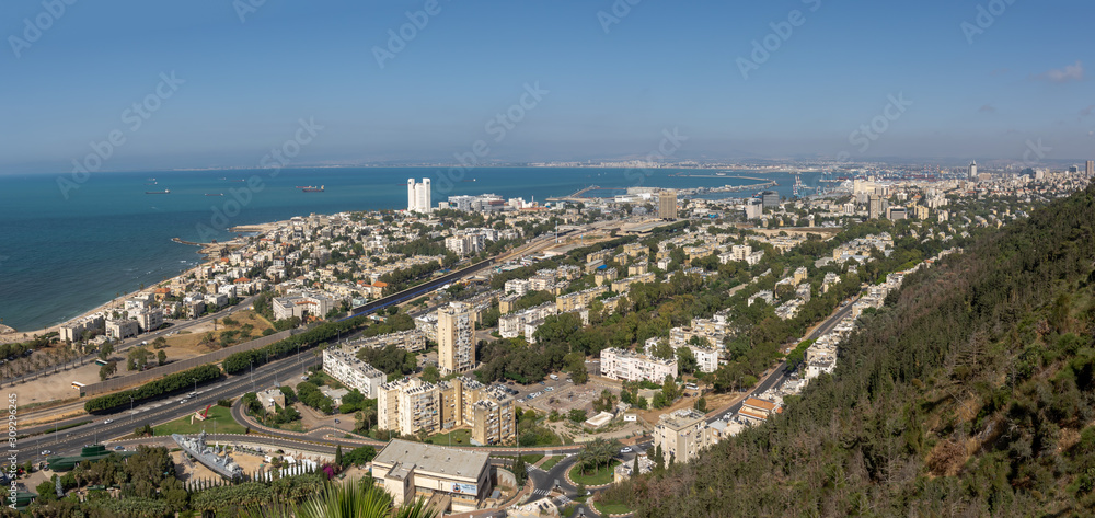 Panoramic View from Mount Carmel of the city of Haifa overlooking the Mediterranean Sea in Israel