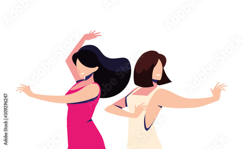 scene of women in dance pose, party, dance club