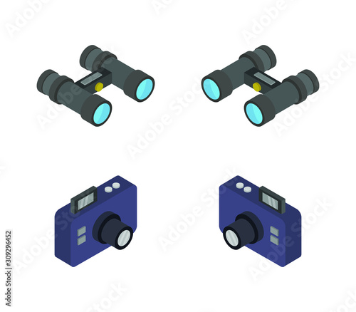 binoculars and isometric camera