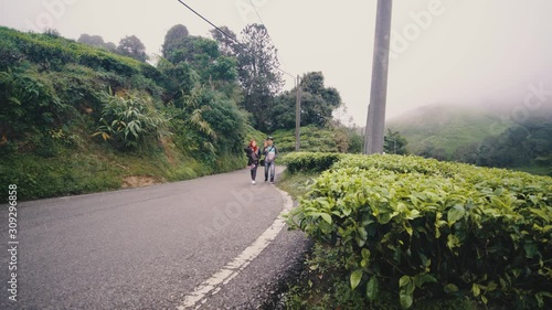 Young couple, enjoying view at tea farm, Genting Highlands, adventure journey, photographer carrying tripod, walking together with partner at rural meadow nature landscape at morning.