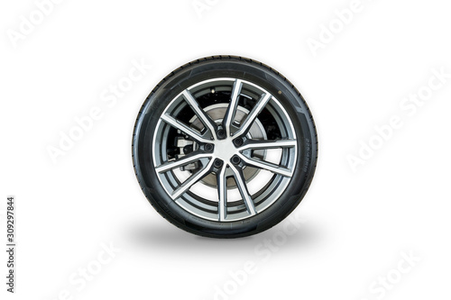 Wheel of car with index number and markings on tire sidewall Which indicates the size of the tire ,age, load of the tire with Alloy wheel isolated on white background photo