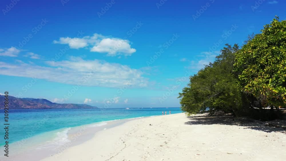 Pristine beach with white fine sand under shadow of lush vegetation, washed gently by white waves of blue sea on a shiny sky with overhanging clouds in Indonesia Pristine beach with white fine sand under shadow of lush vegetation, washed gently by white waves of blue sea on a shiny sky with overhanging clouds in Indonesia