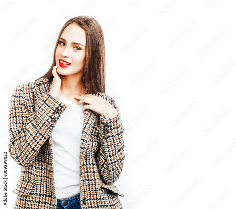 young pretty teenage hipster girl posing emotional happy smiling on white background, lifestyle people concept young pretty teenage hipster girl posing emotional happy smiling on white background, lifestyle people concept